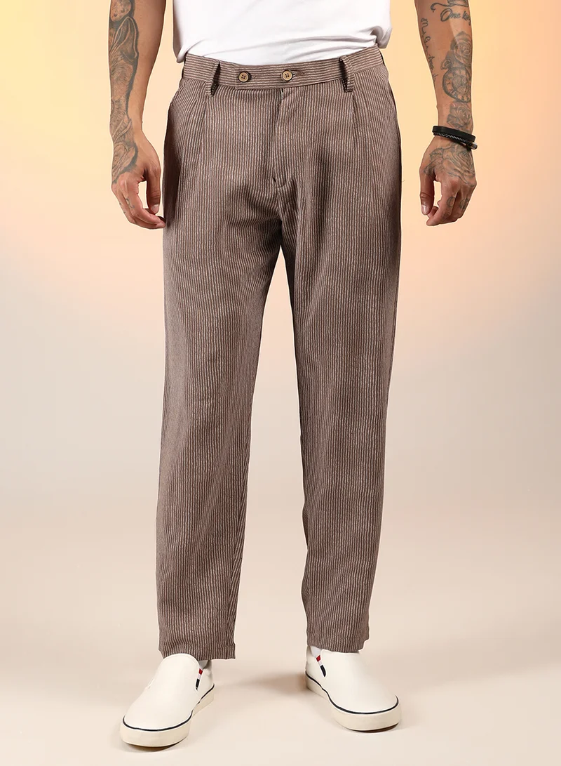 CAHOOT  Men's Mocha Brown Striped Tailored Trousers For Casual Wear | Mid-Rise | Regular Fit | Button Closure | Trousers Crafted With Comfort Fit For Everyday Wear for Men | Best Price UAE